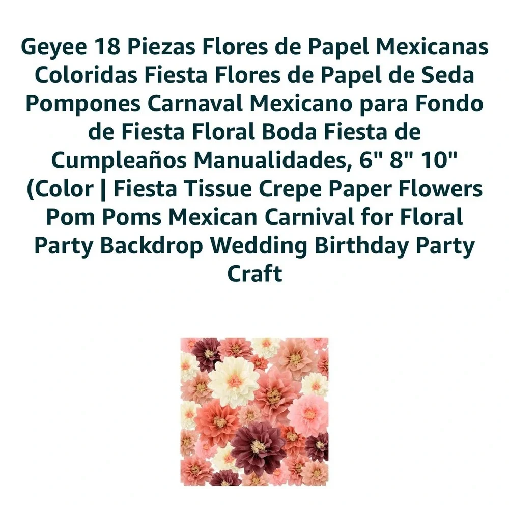Geyee 18 Pcs Mexican Tissue Paper Flowers Pom Poms Party Backdrop 6 8 10 Inch